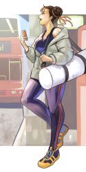 Rule 34 | 1girl, :d, bag, bodysuit, brown hair, bus, capcom, chun-li, city, commentary request, double bun, duffel bag, full body, hair bun, highres, holding, holding phone, jacket, meke (77842928), motor vehicle, open mouth, outdoors, phone, shoes, smile, sneakers, solo, standing, street fighter, street fighter zero (series)