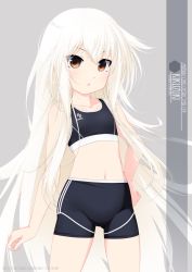 Rule 34 | 1girl, artist name, black shorts, brown eyes, character name, commentary request, cowboy shot, flat chest, grey background, highres, inaba shiki, kantai collection, kikuzuki (kancolle), long hair, looking at viewer, midriff, shorts, solo, sports bikini, sports bra, standing, white hair
