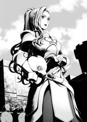 Rule 34 | 1girl, armor, armored dress, day, eclair seaetto, faulds, from below, gloves, greyscale, helmet, high ponytail, highres, holding, holding helmet, long hair, minami seira, monochrome, novel illustration, official art, open mouth, outdoors, pauldrons, shoulder armor, single hair intake, solo, standing, tate no yuusha no nariagari, very long hair