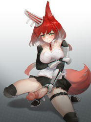 Rule 34 | 1girl, 3:, animal ears, arknights, arm under breasts, armor, armored boots, black skirt, blush, boots, bright pupils, brown eyes, censored, closed mouth, clothes lift, collarbone, detached collar, erection, flametail (arknights), futanari, futanari masturbation, gauntlets, gins, heavy breathing, highres, large penis, long hair, looking at viewer, masturbation, miniskirt, mosaic censoring, necktie, no panties, on one knee, penis, penis out, pleated skirt, precum, red hair, red necktie, shoulder armor, skirt, skirt lift, solo, squirrel ears, squirrel girl, squirrel tail, tail, thigh boots, thigh strap, upskirt, v-shaped eyebrows, veins, veiny penis
