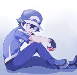 Rule 34 | 1boy, ash ketchum, bad id, bad pixiv id, baseball cap, blue eyes, blue footwear, blue jacket, blue legwear, blue theme, color filter, covered mouth, creatures (company), denim, fingerless gloves, from side, full body, game freak, gloves, gradient background, hat, holding, holding poke ball, jacket, jeans, looking at viewer, male focus, mei (maysroom), nintendo, pants, poke ball, poke ball (basic), pokemon, pokemon (anime), pokemon xy (anime), sitting, solo, tagme