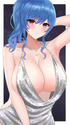 Rule 34 | 1girl, azur lane, bare shoulders, blue hair, blush, breasts, cleavage, dress, evening gown, highres, huge breasts, jewelry, looking at viewer, low neckline, necklace, official alternate costume, red eyes, satsuka (258), side ponytail, silver dress, solo, st. louis (azur lane), st. louis (luxurious wheels) (azur lane)