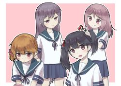 Rule 34 | 10s, 4girls, :d, adjusting hair, akebono (kancolle), alternate hairstyle, bandaid, bandaid on face, bell, black hair, brown eyes, brown hair, commentary request, flower, hair bell, hair bobbles, hair flower, hair ornament, hairstyle switch, hand on another&#039;s shoulder, jingle bell, kantai collection, long hair, multiple girls, oboro (kancolle), open mouth, pink hair, purple eyes, purple hair, sazanami (kancolle), school uniform, serafuku, short hair, side ponytail, smile, twintails, ushio (kancolle), wamu (chartreuse)