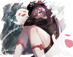 Rule 34 | 1girl, absurdres, brown hair, closed eyes, flower, genshin impact, ghost, half-closed eyes, hat, hat flower, highres, hu tao (genshin impact), long sleeves, looking at viewer, lucy (rusi-juren328), open mouth, red eyes, shorts, sitting, smile, socks, symbol-shaped pupils