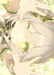 Rule 34 | 1girl, absurdres, bare shoulders, closed mouth, cross-shaped pupils, detached sleeves, dress, genshin impact, green eyes, green sleeves, hair between eyes, hair ornament, hand up, highres, leaf hair ornament, long hair, looking at viewer, mmmmmoill, nahida (genshin impact), one eye closed, pointy ears, short sleeves, solo, symbol-shaped pupils, white dress, white hair