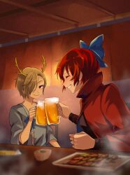 Rule 34 | 2girls, alcohol, antlers, beer, beer mug, black shirt, blonde hair, blue bow, blue shirt, blush, bow, cloak, closed eyes, cup, drunk, efxc, food, grin, hair bow, hair over one eye, highres, holding, holding cup, horns, kicchou yachie, long sleeves, mug, multiple girls, red cloak, red eyes, red hair, sekibanki, shirt, short hair, smile, steam, table, touhou