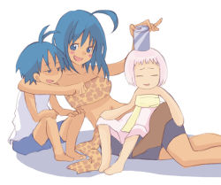 Rule 34 | 1boy, 2girls, age difference, blue hair, blush, blush stickers, can, dark skin, family, guu (jungle wa itsumo), happy, hare (jungle wa itsumo), jungle wa itsumo hare nochi guu, mother and son, multiple girls, pink hair, short hair, smile, strapless, tribal, tube top, weda