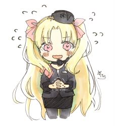 Rule 34 | 1girl, black bow, black choker, black headwear, black jacket, black skirt, blonde hair, blush, bow, choker, cropped legs, ereshkigal (fate), fate/grand order, fate (series), flying sweatdrops, forehead, grey pantyhose, hair ribbon, highres, interlocked fingers, jacket, long hair, long sleeves, nervous smile, own hands together, pantyhose, parted bangs, pencil skirt, pink eyes, red ribbon, ribbon, signature, simple background, skirt, smile, sofra, solo, sweat, tilted headwear, trembling, two side up, very long hair, wavy mouth, white background