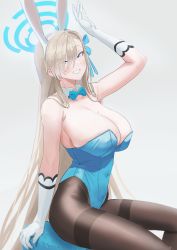 Rule 34 | 1girl, absurdres, animal ears, arm up, asuna (blue archive), asuna (bunny) (blue archive), bare shoulders, black pantyhose, blue archive, blue bow, blue eyes, bow, bowtie, breasts, cleavage, commentary request, detached collar, djungarian missile butter, eyes visible through hair, fake animal ears, from side, gloves, grey background, hair between eyes, hair bow, hairband, highres, huge breasts, leotard, light brown hair, long hair, looking to the side, mole, mole on breast, pantyhose, playboy bunny, rabbit ears, simple background, sitting, solo, strapless, strapless leotard, thighband pantyhose, traditional bowtie, very long hair, white gloves, white hairband