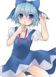 Rule 34 | 1girl, cirno, dress, embodiment of scarlet devil, female focus, jyako, panties, simple background, solo, striped clothes, striped panties, touhou, underwear, white background