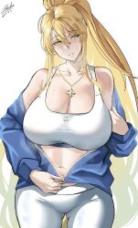 Rule 34 | 1girl, absurdres, artoria pendragon (fate), artoria pendragon (lancer) (fate), blonde hair, blue jacket, breasts, cleavage, collarbone, fate/grand order, fate (series), green eyes, hair between eyes, high ponytail, highres, jacket, jewelry, large breasts, long hair, necklace, pants, partially unzipped, ponytail, shiki (love-saber), signature, simple background, solo, sports bra, sweat, sweatpants, unzipping, white background