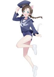 Rule 34 | 1girl, animal ears, blue eyes, blue one-piece swimsuit, blush, braid, brave witches, brown hair, cat ears, cat tail, dress, freckles, full body, hato ni olive teppou, highres, looking at viewer, military, military uniform, misumi miya, one-piece swimsuit, open mouth, sailor dress, simple background, smile, solo, swimsuit, tail, twin braids, twintails, uniform, white background, world witches series