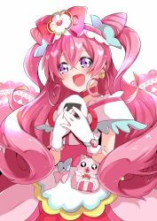 Rule 34 | 1girl, :d, apron, artist name, big hair, bow, choker, cone hair bun, cure precious, delicious party precure, double bun, dress, earrings, food, frilled hairband, frills, gloves, hair bow, hair bun, hairband, highres, holding, holding food, jewelry, kome-kome (precure), long hair, looking at viewer, magical girl, medium dress, nagomi yui, onigiri, open mouth, pink bow, pink choker, pink dress, pink hair, pink hairband, precure, purple eyes, shinnjugokko, short sleeves, signature, smile, solo, standing, two side up, waist apron, white gloves