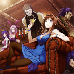 Rule 34 | 2boys, 3girls, ;), absurdres, alcohol, animal ears, aozaki aoko, bare shoulders, between breasts, black skin, blue eyes, bracelet, breasts, bridal gauntlets, brown hair, butler, champagne, choker, cleavage, colored skin, company connection, couch, dress, drink, fate/stay night, fate/tiger colosseum, fate/zero, fate (series), glass, gown, hair intakes, hassan of the cursed arm (fate), hat, highres, industrial pipe, jewelry, large breasts, long hair, mahou tsukai no yoru, mask, matou sakura, matou shinji, matou zouken, medusa (fate), medusa (rider) (fate), mini hat, multiple boys, multiple girls, official style, one eye closed, pantyhose, purple eyes, purple hair, rabbit ears, reclining, red upholstery, short hair, smile, square pupils, task owner, time paradox, type-moon, wavy hair, wink