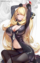 Rule 34 | 1girl, alternate breast size, arms up, black coat, black pants, blonde hair, breasts, cleavage, coat, creatures (company), cynthia (pokemon), fur-trimmed coat, fur-trimmed sleeves, fur collar, fur trim, game freak, grey eyes, hair ornament, hair over one eye, highres, holding, holding poke ball, hong (white spider), large breasts, long hair, long sleeves, looking at viewer, navel, nintendo, pants, poke ball, poke ball (basic), pokemon, pokemon dppt, sitting, solo, thighs