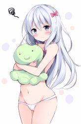 Rule 34 | 10s, 1girl, blue eyes, bow, cameltoe, closed mouth, collarbone, commentary request, cowboy shot, embarrassed, eromanga sensei, hair between eyes, hair bow, highres, holding, hyurasan, izumi sagiri, light frown, long hair, looking at viewer, navel, panties, pink bow, silver hair, simple background, solo, squiggle, stomach, stuffed animal, stuffed octopus, stuffed toy, tareme, thighs, topless, underwear, underwear only, very long hair, white background, white panties