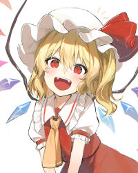 Rule 34 | 1girl, :d, ascot, blonde hair, blush, crystal, fangs, flandre scarlet, frilled shirt collar, frills, hair between eyes, happy, hat, highres, jill 07km, looking at viewer, mob cap, open mouth, puffy short sleeves, puffy sleeves, red eyes, red ribbon, red skirt, red vest, ribbon, shirt, short sleeves, simple background, skirt, smile, solo, touhou, vest, white background, white shirt, wings