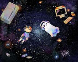 Rule 34 | 2others, androgynous, blue shirt, blue shorts, brown hair, cd, closed eyes, facing viewer, frisk (undertale), ghost, headphones, keyboard (computer), long sleeves, monitor, multiple others, napstablook, nebula, parted lips, refrigerator, sasa kichi, shirt, shoes, shorts, silk, solid oval eyes, space, spider web, star (sky), undertale