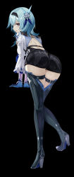Rule 34 | 1girl, absurdres, ass, bare shoulders, black background, blue hair, blush, boots, breasts, brown eyes, eula (genshin impact), from behind, genshin impact, gloves, hair ornament, hairband, haven233, high heel boots, high heels, highres, leaning, leaning forward, leotard, long hair, looking at viewer, open mouth, shiny clothes, shiny skin, short shorts, shorts, sideboob, smile, solo, thigh boots, thighhighs