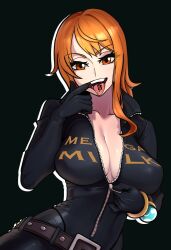 Rule 34 | 1girl, belt, bodysuit, breasts, cleavage, large breasts, long hair, nami (one piece), one piece, orange hair, redpostit, solo, tongue, tongue out, tongue tattoo, unzipped bodysuit, unzipping, zipper, zipper pull tab
