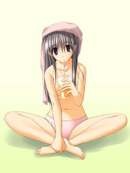 Rule 34 | 1girl, barefoot, censored, convenient censoring, drinking, drinking straw, feet, indian style, navel, original, panties, pink panties, drinking, sitting, solo, takepon, topless, towel, towel on head, underwear
