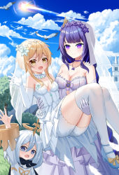 Rule 34 | 3girls, absurdres, alternate costume, arm under breasts, armpits, ass, bare shoulders, bird, blonde hair, blue sky, blunt bangs, braid, breasts, bridal veil, carrying, carrying person, castle, choker, cleavage, cloud, cloudy sky, collarbone, comet, commentary request, dress, elbow gloves, female focus, flower, genshin impact, gloves, grey eyes, hair between eyes, hair flower, hair ornament, halo, highres, jewelry, lily (flower), long hair, long sleeves, looking at viewer, low ponytail, lumine (genshin impact), mechanical halo, multiple girls, necklace, paimon (genshin impact), princess carry, purple eyes, purple hair, raiden shogun, short hair, short hair with long locks, sidelocks, single braid, sky, skym (kumei), sleeveless, thighhighs, veil, waving, wedding dress, white dress, white flower, white gloves, white hair, white legwear, yellow eyes, yuri, zettai ryouiki