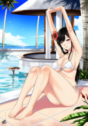 Rule 34 | 1girl, ;), armpits, arms up, bad id, bad pixiv id, bare arms, bare legs, bare shoulders, barefoot, bikini, bird, black hair, blue sky, blush, breasts, cleavage, coconut tree, day, feet, flower, full body, hair flower, hair ornament, hibiscus, highres, horizon, knees up, large breasts, long hair, looking at viewer, naye (xter), ocean, one eye closed, original, outdoors, palm tree, parted lips, pool, red eyes, seagull, side-tie bikini bottom, sitting, sky, smile, solo, stretching, swimsuit, tree, underboob, white bikini, xter
