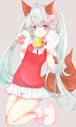 Rule 34 | 1girl, :&lt;, animal ears, animal hands, bad id, bad pixiv id, bell, dog ears, elin, flower, gloves, hair flower, hair ornament, highres, hotaru (applehit), jingle bell, kneeling, long hair, paw gloves, paw shoes, purple eyes, shirt, shoes, silver hair, solo, tail, tera online, twintails