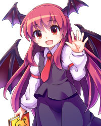 Rule 34 | 1girl, :d, arm up, armband, bat wings, book, dress shirt, hand up, head tilt, head wings, holding, holding book, koakuma, long hair, looking at viewer, necktie, open hand, open mouth, puremiamuanago, red eyes, red hair, red necktie, shirt, simple background, skirt, smile, solo, touhou, very long hair, vest, waving, white background, wings