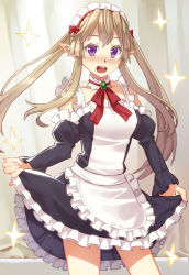 Rule 34 | 10s, 1girl, bare shoulders, blonde hair, blush, clothes lift, detached sleeves, elf, kibamigohann, long hair, looking at viewer, maid, myucel foalan, open mouth, outbreak company, pointy ears, purple eyes, skirt, skirt lift, solo, twintails