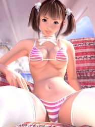 Rule 34 | 1girl, 3d, between legs, bikini, bra, brown eyes, brown hair, cocoa (character), covered erect nipples, incise soul, lingerie, m-rs, original, panties, ribbon, short twintails, solo, striped clothes, striped panties, swimsuit, thighhighs, twintails, undersized clothes, underwear, underwear only