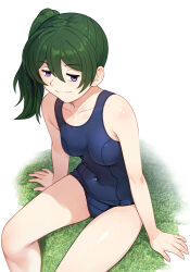 Rule 34 | 1girl, blue one-piece swimsuit, breasts, commentary request, covered navel, feet out of frame, grass, green hair, grey eyes, highres, long hair, neopure, old school swimsuit, one-piece swimsuit, partial commentary, school swimsuit, side ponytail, sitting, small breasts, solo, sousou no frieren, swimsuit, ubel (sousou no frieren)