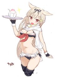 Rule 34 | 10s, 1girl, adapted costume, apron, arched back, arm at side, bikini, black bikini, black ribbon, braid, breast press, breasts, cleavage, cowboy shot, fingerless gloves, food, gloves, goekawa, hair flaps, hair ribbon, head tilt, kantai collection, medium breasts, midriff, navel, open mouth, red eyes, ribbon, scarf, shaved ice, simple background, single braid, solo, stomach, swimsuit, thighs, tray, waist apron, waitress, white scarf, yuudachi (kancolle), yuudachi kai ni (kancolle)