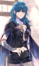 Rule 34 | 1girl, arm at side, armor, black cape, black shorts, blue eyes, blue hair, byleth (female) (fire emblem), byleth (fire emblem), cape, closed mouth, cowboy shot, elbow pads, fire emblem, fire emblem: three houses, gate, grey pantyhose, hand on own hip, long hair, looking at viewer, navel, nintendo, pantyhose, pantyhose under shorts, print pantyhose, short shorts, shorts, shoulder armor, smile, solo, sunlight, tassel, tomoaki (coconon), vambraces