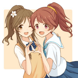 Rule 34 | 2girls, blue bow, blue skirt, bow, brown hair, character request, commentary request, flower, hair flower, hair ornament, hair scrunchie, happy, idolmaster, idolmaster cinderella girls, mugi (banban53), multiple girls, one eye closed, open mouth, ponytail, scrunchie, shirt, short sleeves, skirt, white flower, white shirt, yellow scrunchie