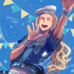 Rule 34 | 10s, 1boy, :d, alternate hairstyle, artist name, closed eyes, dated, hanamura shoma, haru (spr), hat, idolmaster, idolmaster side-m, long hair, male focus, midriff, official alternate costume, open mouth, pennant, sailor, sailor collar, sailor hat, scrunchie, short sleeves, smile, solo, striped, wavy hair, wristband