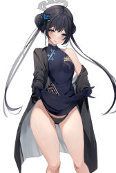 Rule 34 | 1girl, black hair, black panties, blue archive, blue dress, blue gloves, blush, breasts, butterfly hair ornament, china dress, chinese clothes, clothes lift, commentary request, double bun, dress, dress lift, gloves, grey hair, hair bun, hair ornament, halo, kisaki (blue archive), lifted by self, liya, long hair, long sleeves, looking at viewer, medium breasts, off shoulder, panties, parted lips, single bare shoulder, solo, thighs, underwear, white background