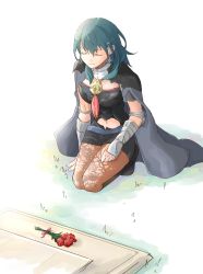 Rule 34 | 1girl, armor, black shorts, blue hair, brown pantyhose, byleth (female) (fire emblem), byleth (fire emblem), cape, closed eyes, closed mouth, clothing cutout, fire emblem, fire emblem: three houses, flower, hair between eyes, lace, lace-trimmed legwear, lace trim, navel cutout, nintendo, pantyhose, pantyhose under shorts, robaco, short shorts, shorts, solo