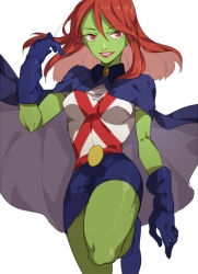 Rule 34 | 1girl, cape, colored skin, dc comics, doudoude dou, gloves, green skin, long hair, looking at viewer, miniskirt, miss martian, red eyes, red hair, skirt, smile, solo, young justice: invasion