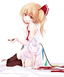 Rule 34 | 1girl, black thighhighs, blonde hair, blood, blood on face, fang, fang out, flandre scarlet, hair ribbon, looking at viewer, lumo 1121, naked shirt, necktie, off shoulder, red eyes, red necktie, red ribbon, ribbon, shirt, side ponytail, simple background, sitting, slit pupils, smile, solo, thighhighs, tongue, tongue out, touhou, white background, white shirt, wings, yokozuwari