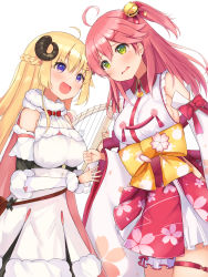 Rule 34 | 2girls, ahoge, blonde hair, blush, breasts, commentary request, detached sleeves, green eyes, harp, highres, hololive, horns, instrument, looking at another, mi taro333, multiple girls, nontraditional miko, open mouth, pink hair, purple eyes, rock paper scissors, sakura miko, sakura miko (1st costume), sheep horns, simple background, tears, tsunomaki watame, tsunomaki watame (1st costume), virtual youtuber, white background