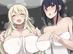 Rule 34 | &gt;:o, 2girls, :d, :o, ^ ^, atago (kancolle), black hair, blonde hair, breasts, cleavage, clenched hand, commentary request, covered erect nipples, closed eyes, facing viewer, half-closed eyes, hand up, hands up, hatching (texture), holding, holding towel, impossible towel, kantai collection, large breasts, long hair, looking at viewer, maze (gochama ze gohan), multiple girls, naked towel, onsen, open mouth, outdoors, red eyes, sagging breasts, short hair, smile, steam, sweat, takao (kancolle), towel, upper body, v-shaped eyebrows, wavy hair, white towel