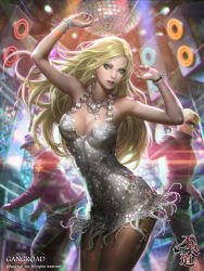 Rule 34 | 1girl, blonde hair, blue eyes, bracelet, breasts, cleavage, dancing, disco ball, dress, earrings, furyou michi ~gang road~, jewelry, kagami jiu, kilart, lips, long hair, lots of jewelry, md5 mismatch, medium breasts, nose, realistic, resolution mismatch, short dress, solo focus, source larger, tattoo