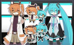 Rule 34 | 0001 (vocaloid), 2girls, a.i. voice, adachi rei, age progression, alternate eye color, alternate hairstyle, anze (cafyj8), bandage over one eye, black background, black skirt, black sleeves, black thighhighs, blue eyes, brown skirt, chibi, chibi inset, commentary, detached sleeves, grey shirt, hair ornament, hairclip, hand on own chest, hatsune miku, headlamp, heterochromia, highres, hood, hood down, hooded jacket, inset border, jacket, long hair, looking at viewer, matching hairstyle, miniskirt, missing eye, multiple girls, multiple views, music, musical note, one side up, open clothes, open jacket, open mouth, orange eyes, outline, pantyhose, pleated skirt, radio antenna, red pantyhose, red shirt, ribbon, shirt, singing, sitting, skirt, sleeveless, sleeveless shirt, smile, thighhighs, twintails, two side up, utau, very long hair, vocaloid, wheelchair, white jacket, white outline, white ribbon, window (computing)