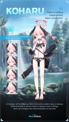 Rule 34 | &lt;|&gt; &lt;|&gt;, absurdres, bikini, black wings, blue archive, commentary, doremi (doremi4704), english commentary, english text, expressions, floral print, front-tie bikini top, front-tie top, halo, happy, head wings, heart, highres, koharu (blue archive), koharu (swimsuit) (blue archive), low wings, official alternate costume, official art, pink hair, pink halo, print bikini, red halo, swimsuit, wings