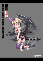 Rule 34 | 1girl, absurdres, amethyst (warship girls r), ass, barefoot, black panties, blonde hair, breasts, broken, cannon, character name, copyright name, covering breasts, covering privates, damaged, depth charge projector, drill hair, drill sidelocks, english text, eyepatch, frills, from behind, garter straps, gem, hairband, hedgehog anti-submarine mortar, highres, hms amethyst, kneeling, letterboxed, looking at viewer, machinery, military, military vehicle, number tattoo, official art, one eye closed, open mouth, panties, parasol, photo background, purple eyes, purple gemstone, purple thighhighs, rabbit, remodel (warship girls r), scar, scar across eye, scar on face, ship, short hair, sidelocks, sirills, small breasts, smokestack, solo, striped clothes, striped thighhighs, tattoo, text focus, thighhighs, torn clothes, umbrella, underwear, union jack, vertical-striped clothes, vertical-striped thighhighs, warship, warship girls r, water, watercraft, white ensign