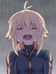 Rule 34 | 1girl, antenna hair, black jacket, black shirt, blonde hair, breasts, closed eyes, commentary request, crying, day, facing viewer, hair between eyes, jacket, koshirae tsurugi (m.m), m.m, open mouth, original, outdoors, rain, shirt, sidelocks, small breasts, solo, tears, track jacket, upper body
