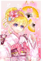 Rule 34 | 1girl, back bow, blonde hair, border, bow, closed mouth, cure miracle, eyelashes, floral print, flower, hair bow, hair flower, hair ornament, hairband, highres, japanese clothes, kimono, long hair, long sleeves, looking at viewer, mahou girls precure!, manekineko5319, obi, outline, pink bow, pink flower, pink hairband, precure, print kimono, purple bow, purple eyes, sash, signature, sketch, smile, solo, upper body, white border, white kimono, wide sleeves, yukata