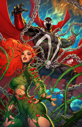 Rule 34 | 1boy, 1girl, artist name, bodysuit, bracelet, cape, chain, comic cover, crossover, dated, david nakayama, dc comics, green bodysuit, highres, jewelry, long hair, official art, orange hair, plant, poison ivy, red cape, spawn (comic), spawn (spawn), spiked anklet, spiked bracelet, spikes, torn bodysuit, torn clothes, vines, watermark
