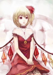Rule 34 | 1girl, bare shoulders, blonde hair, breasts, choker, cleavage, cross, dress, female focus, flandre scarlet, jewelry, lace, lipstick, ll.ee., makeup, nail polish, necklace, pink lips, ponytail, red eyes, red nails, short hair, side ponytail, solo, embodiment of scarlet devil, touhou, wings